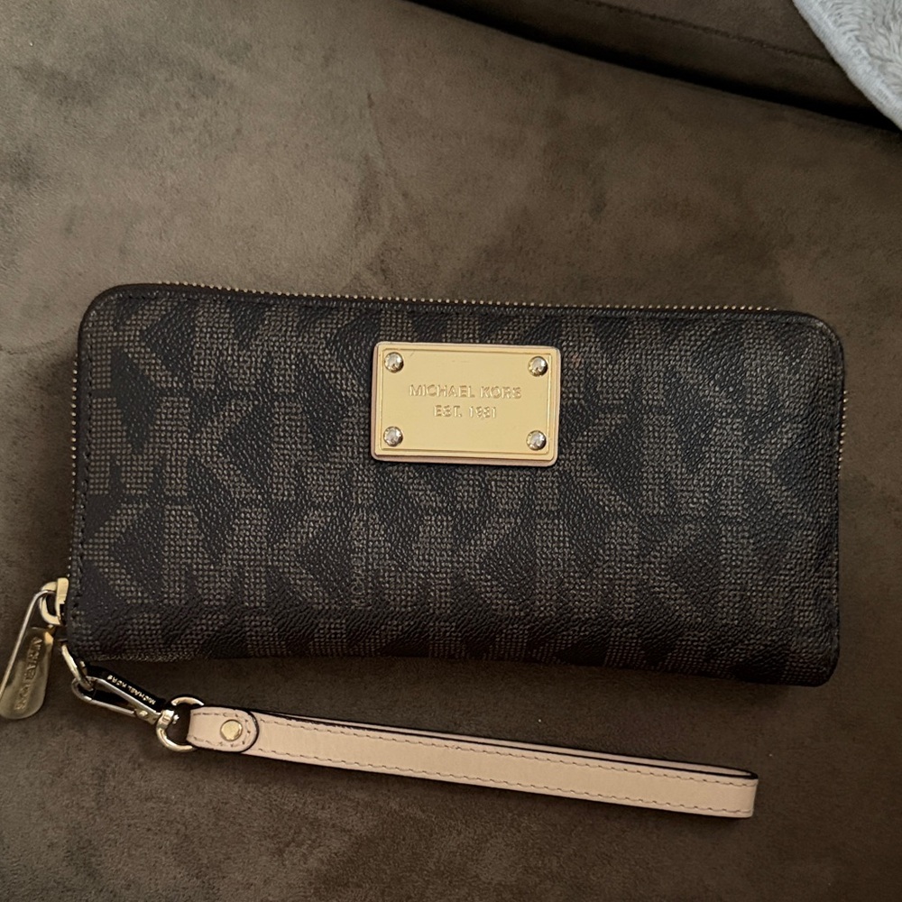 Michael Kors Dark Brown MK Monogram Zip Wristlet with Pale Strap